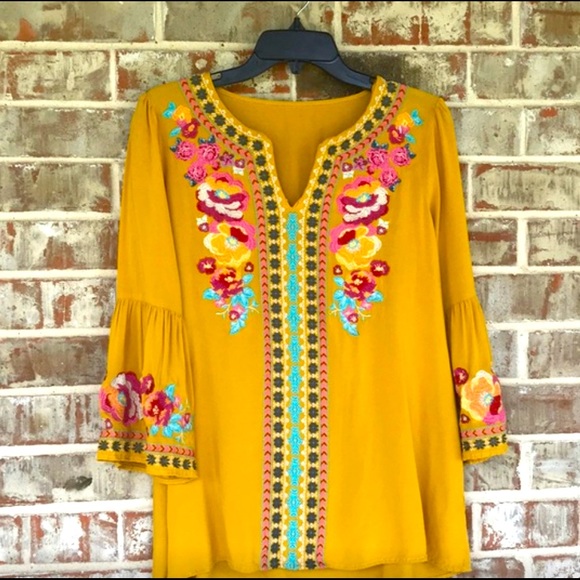 Tops - Gorgeous Yellow Boho Floral Bell Sleeve Blouse